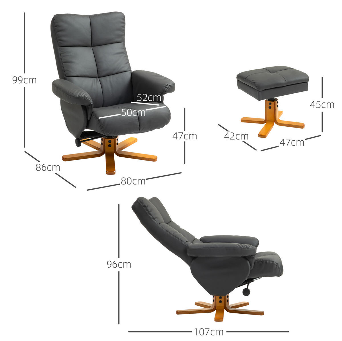 RELAXSESSEL 80/99/86 cm Dunkelgrau aus Holz mit Hocker und Liegefunktion - Dunkelgrau, Holz (86/99/80cm) - OKMYHOME
