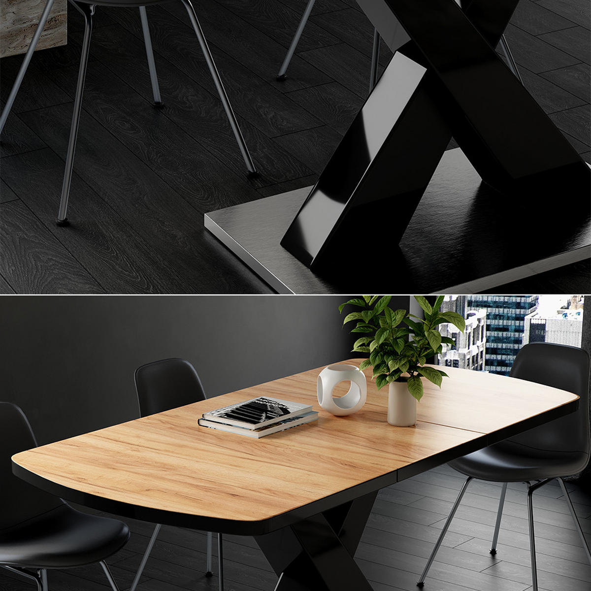 ESSTISCH Chinto Schwarz/Eiche rustikal 120 x 80 cm ausziehbar - Wildeiche/Schwarz, Holzwerkstoff (80/120/76cm) - Vicco