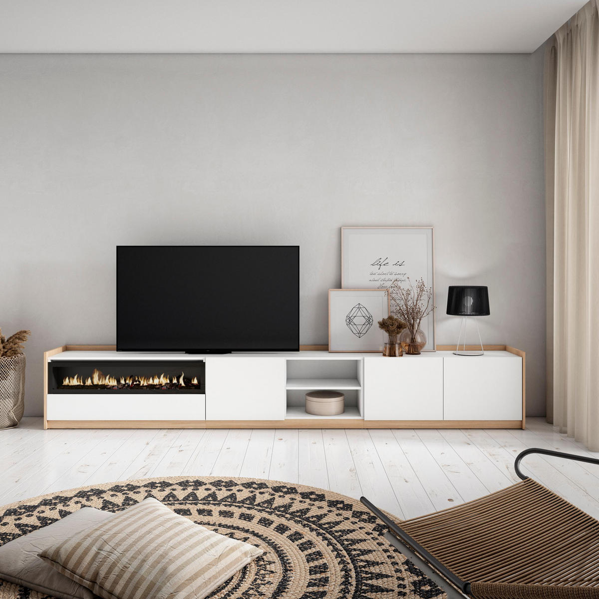 TV-SCHRANK, Lowboard, Weiß und Eiche Soft, Elektrokamin, 310/37/50cm - Weiß, Holzwerkstoff (310/50/37cm) - Skraut Home