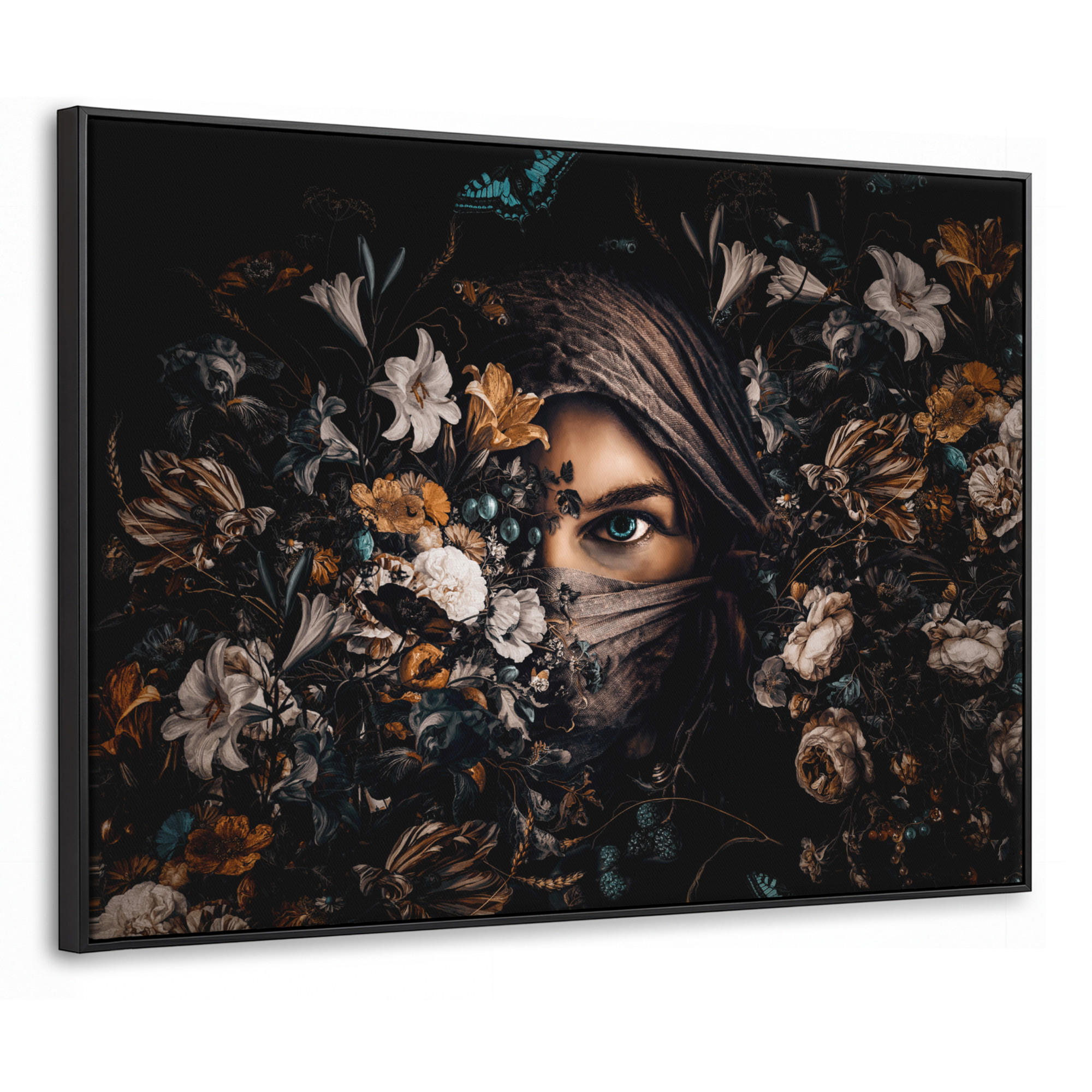 LEINWAND Bilder mit Rahmen - Frau - Luxus - Blumen - Schmetterling - Porträt - 100x70 - Schwarz, Textil (100/70cm) - MuchoWow