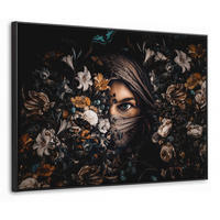 LEINWAND Bilder mit Rahmen - Frau - Luxus - Blumen - Schmetterling - Porträt - 70x50 - Schwarz, Textil (70/50cm) - MuchoWow
