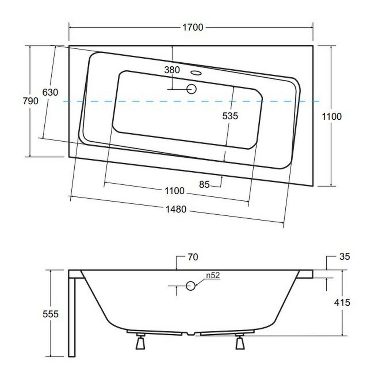 BADEWANNE Eckwanne INFINITY 170/110 Rechts Ablauf & Füße - Weiß, Kunststoff (110/55.5/170cm) - bad land
