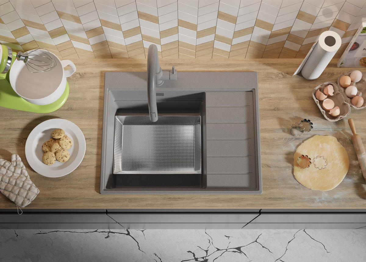 SPÜLBECKEN Sydney, 2-er set Grau 62/50 cm 1 Becken + Ablauf-Set + Küchenzubehörset ab 45er Unterschrank - Chromfarben/Beige, Kunststoff (62/20/50cm) - Primagran