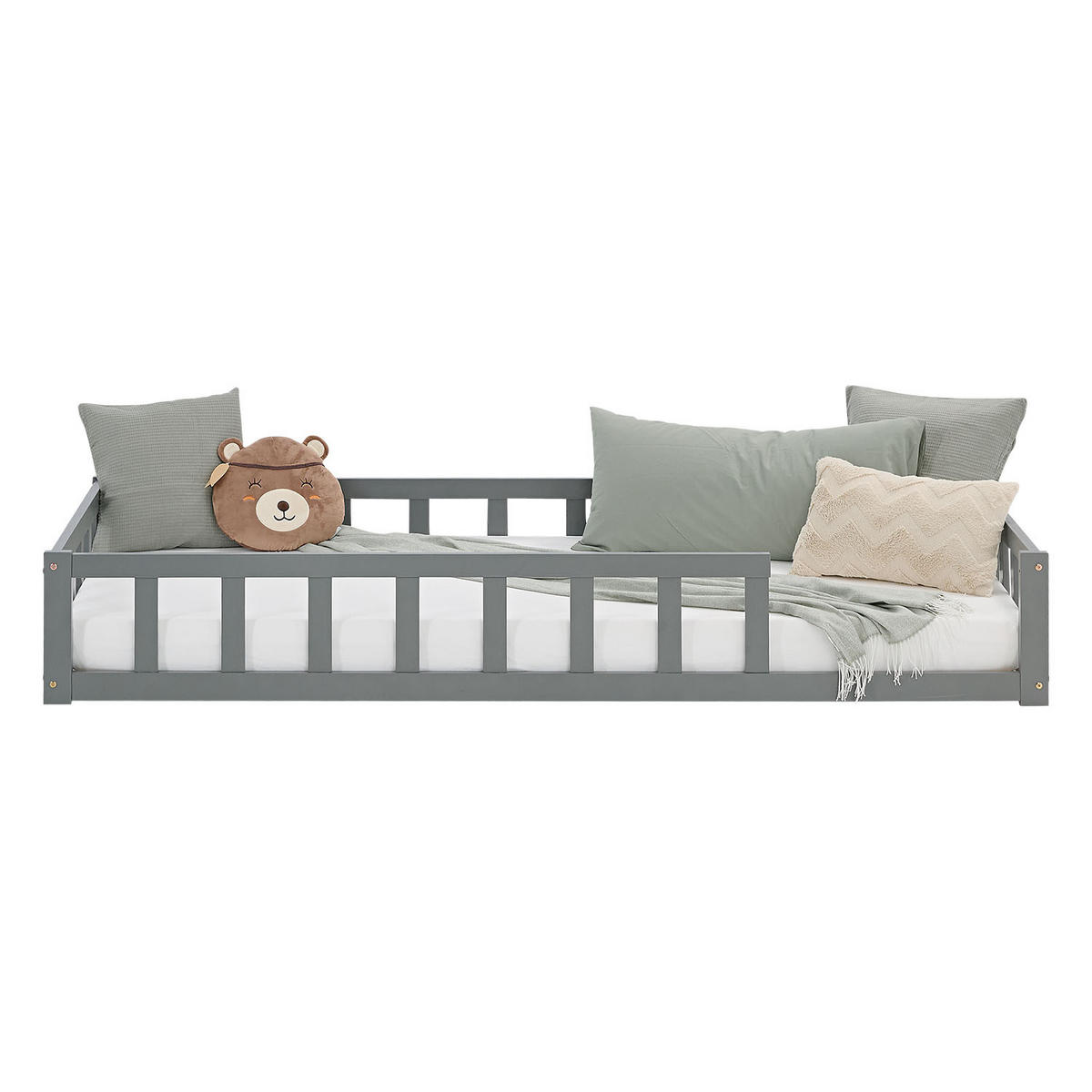 BODENBETT Grau 90x200 cm mit Lattenrost Kind - Grau, Holz (90/200cm) - Homestyle4u