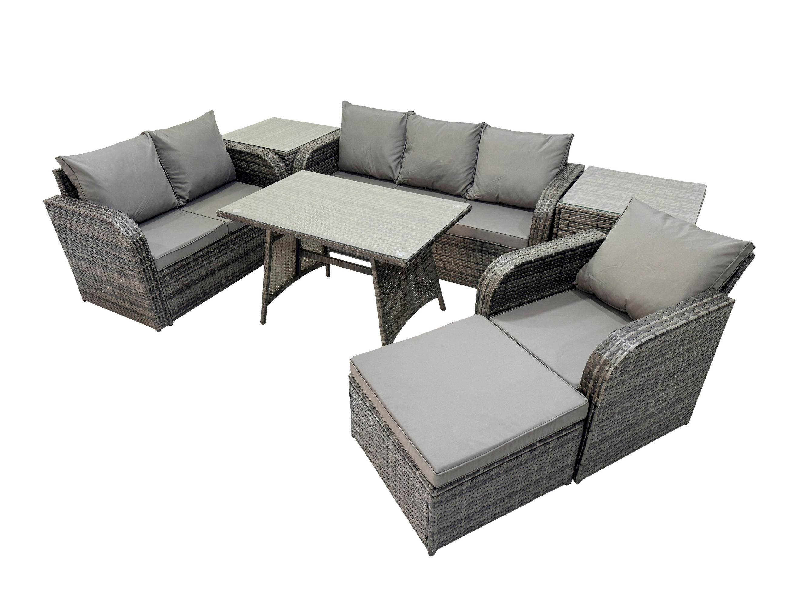 GARTENMÖBEL SET Polyrattan Dunkelgrau 7-Sitzer - Dunkelgrau/Grau, Glas/Kunststoff - Fimous