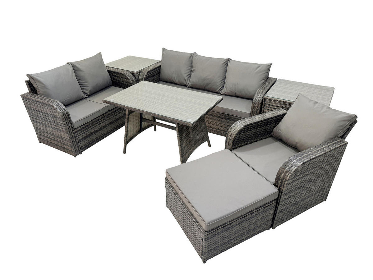 GARTENMÖBEL SET Polyrattan Dunkelgrau 7-Sitzer - Dunkelgrau/Grau, Glas/Kunststoff - Fimous