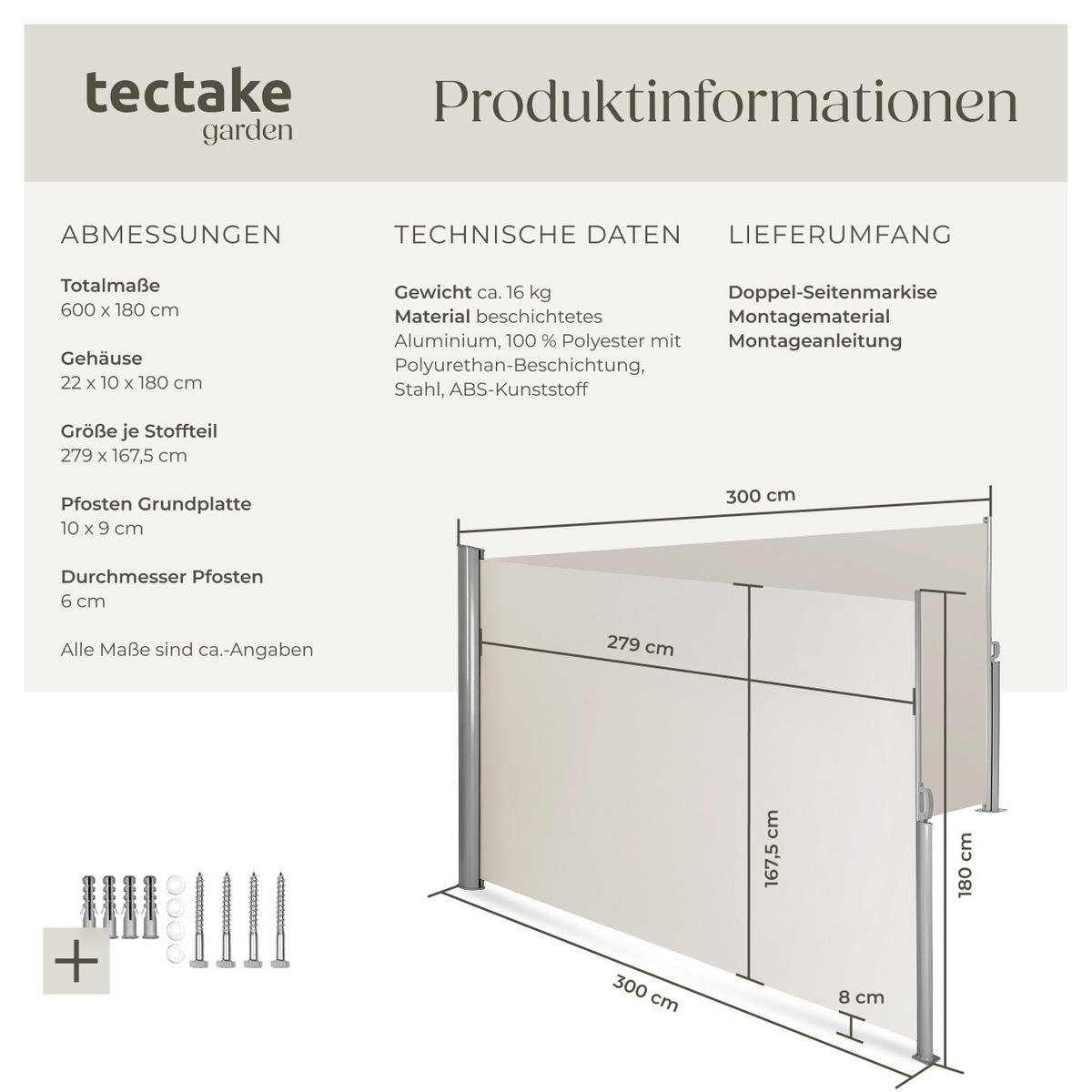 SEITENMARKISE doppelt, 180 x 600 cm,beige - Beige, Textil (180/10cm) - tectake