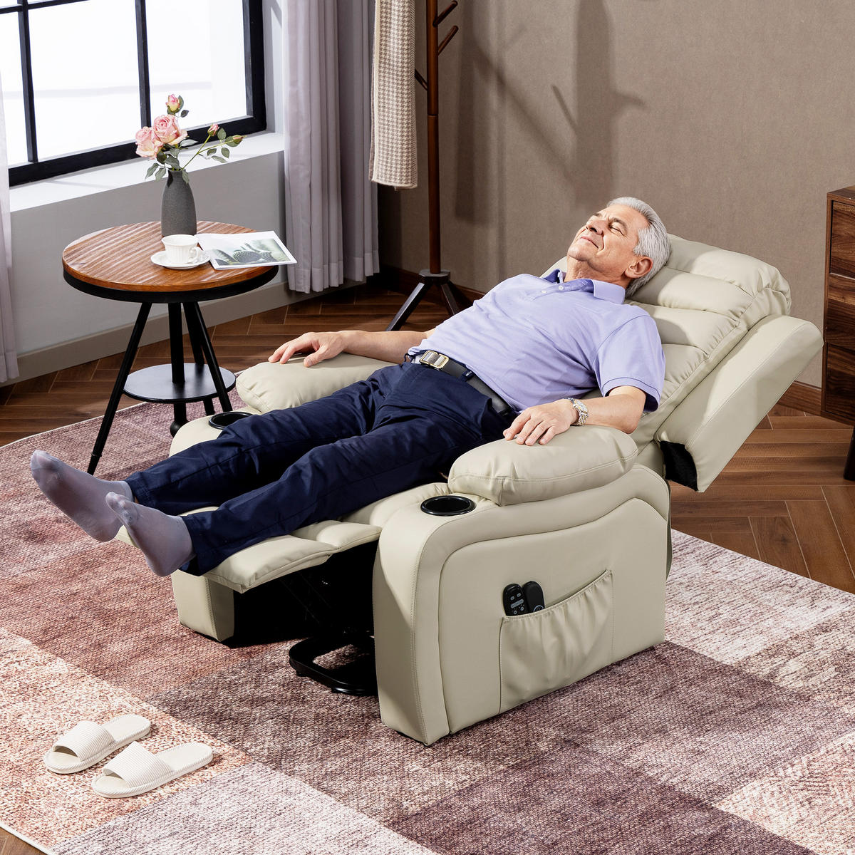 RELAXSESSEL aus PU-Leder Cremeweiß - Creme/Schwarz, Leder/Metall (93/100/95.5cm) - HOMCOM