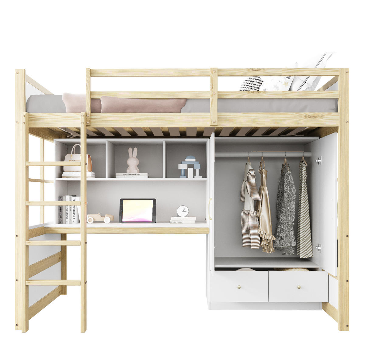 HOCHBETT 90/200 cm in Naturfarbe mit Schreibtisch, Kleiderschrank und Schubladen - Naturfarben, Holz (90/200cm) - Flora Grace