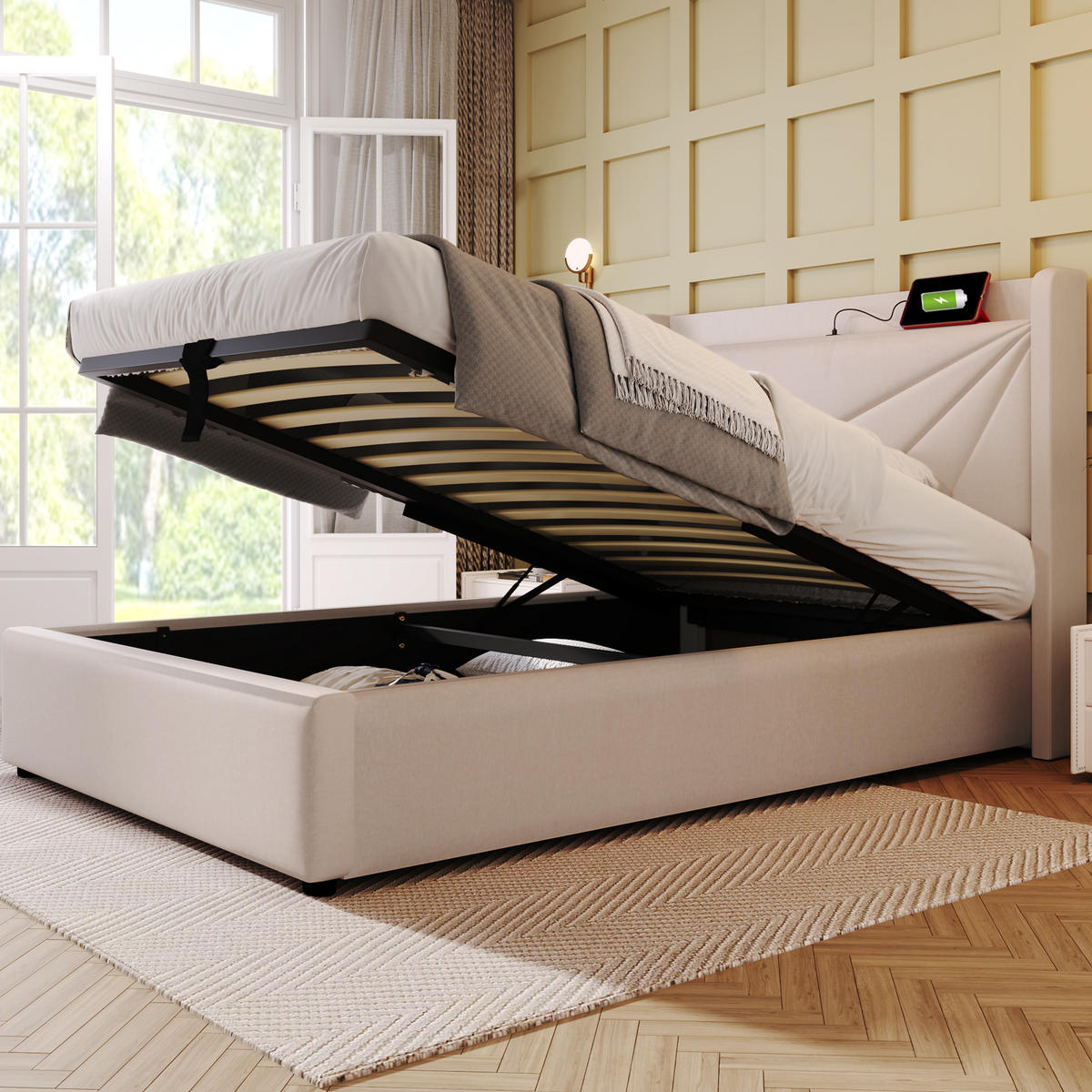 POLSTERBETT 90/200 cm aus Baumwollleinen mit Bettkasten, USB- und Typ-C-Anschluss, geometrischem Kopfteil und Matratze, Beige - Beige, Textil - Redom