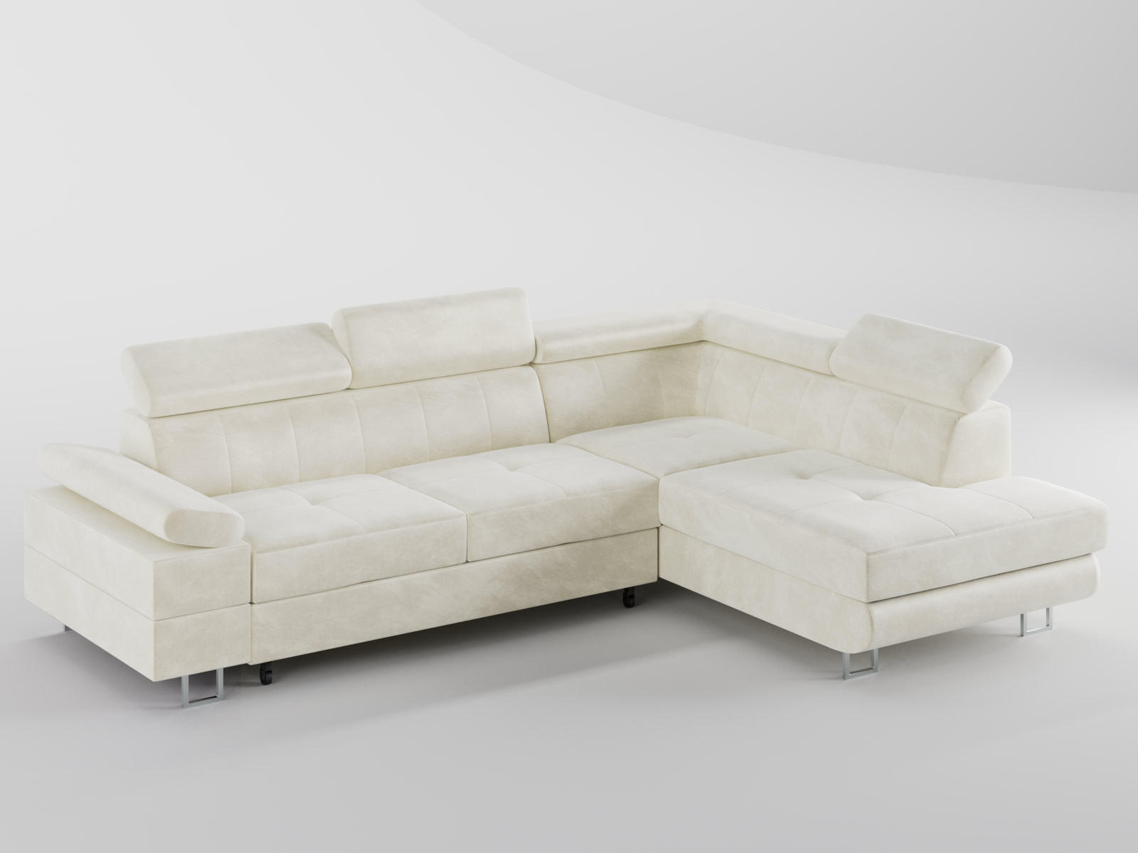 ECKSOFA CAROLINE Rechts Creme Velours-Stoff mit Schlaffunktion und Bettkasten - Chromfarben/Creme, Textil (253/190cm) - Barchello