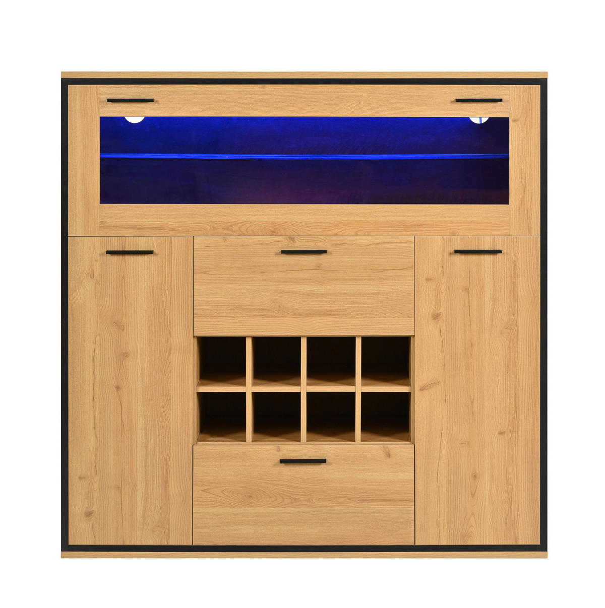 SIDEBOARD 38/110/111 cm mit Weinregal, Glastrennwand und LED-Beleuchtung, Natur/Schwarz - Naturfarben, Holzwerkstoff (110/111/38cm) - Redom