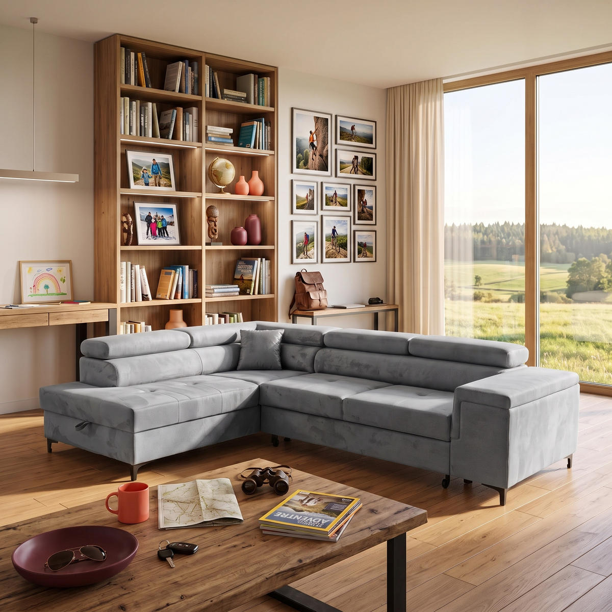 ECKSOFA WILLIAM L Links mit Schlaffunktion 127x195 Velours Hellgrau - Silberfarben/Hellgrau, Holz/Textil (275/203cm) - Muffo