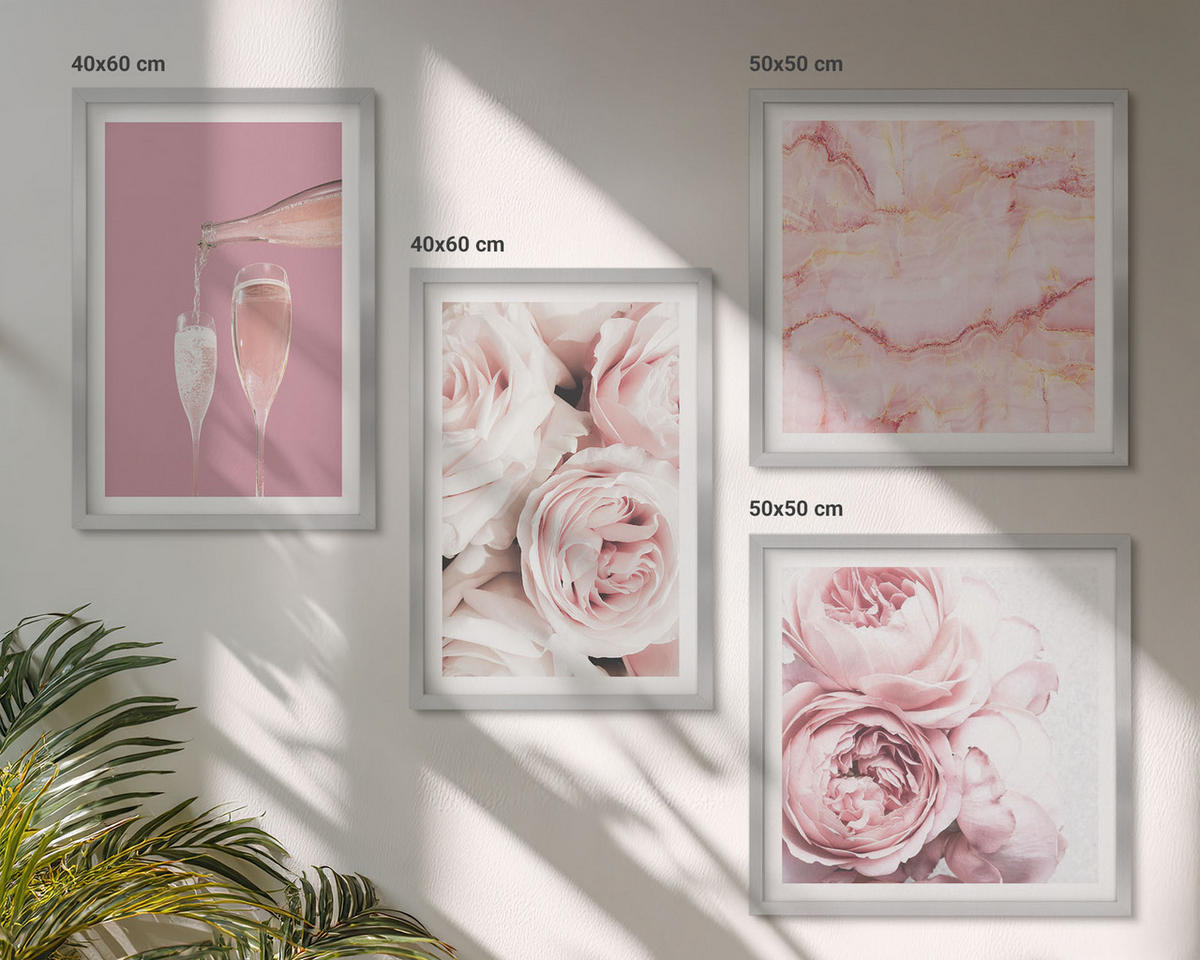 WANDBILDER 4er Set - 50x50 cm & 40x60 cm Silberner Rahmen - Rosen, Champagner, Marmor, Pastell - Silberfarben, Kunststoff (50/50cm) - ArtPrintCave