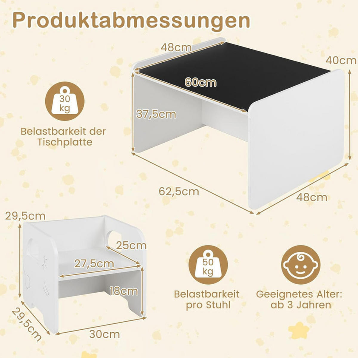 KINDERTISCH mit Stuhl weiß(3-tlg) - Weiß, Holzwerkstoff (62.5/40/48cm) - COSTWAY