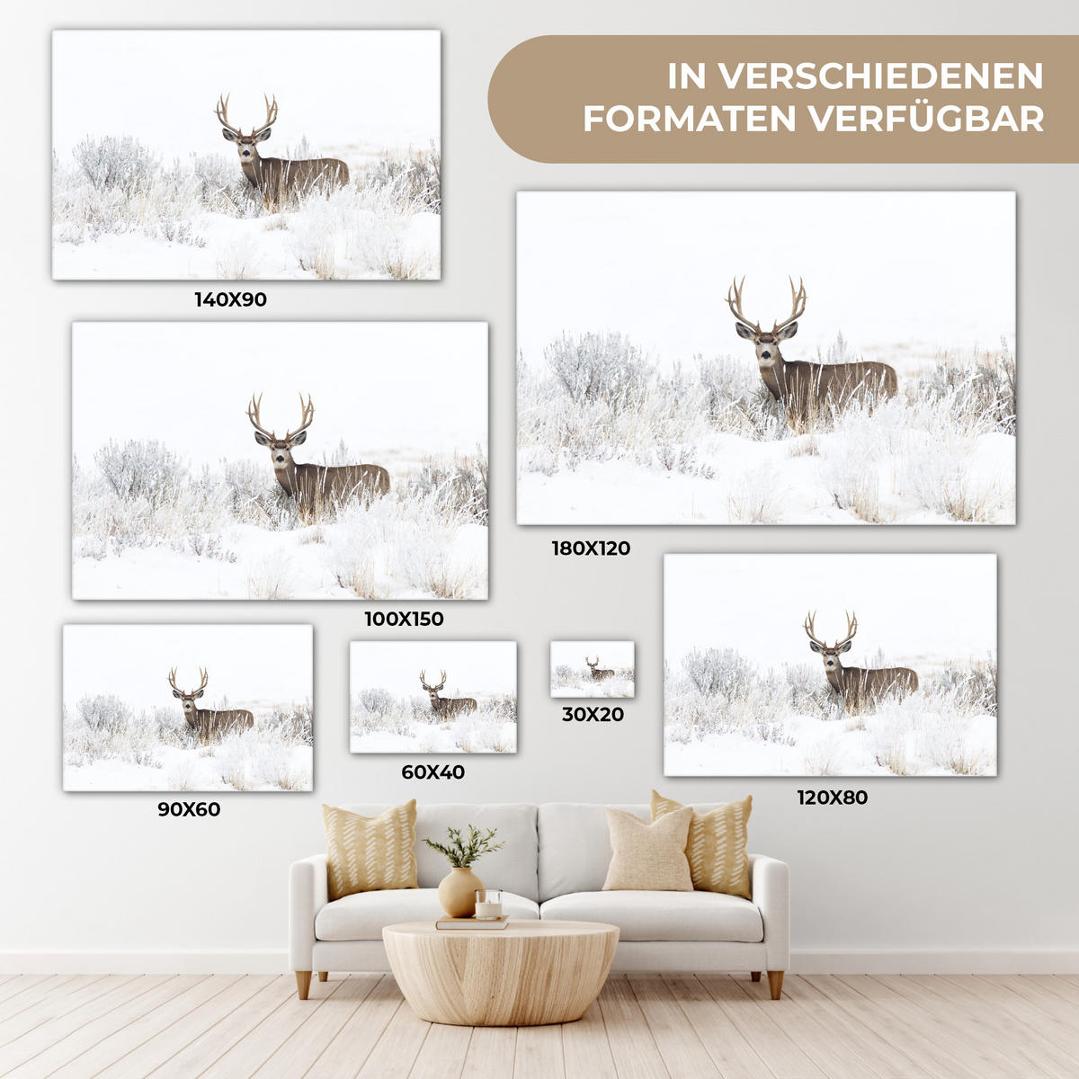 LEINWANDBILD Hirsche - Winter - Schnee - Tiere - Jahreszeiten - Weiß XXL 150x100 cm - Hellbraun, Textil (150/100cm) - MuchoWow