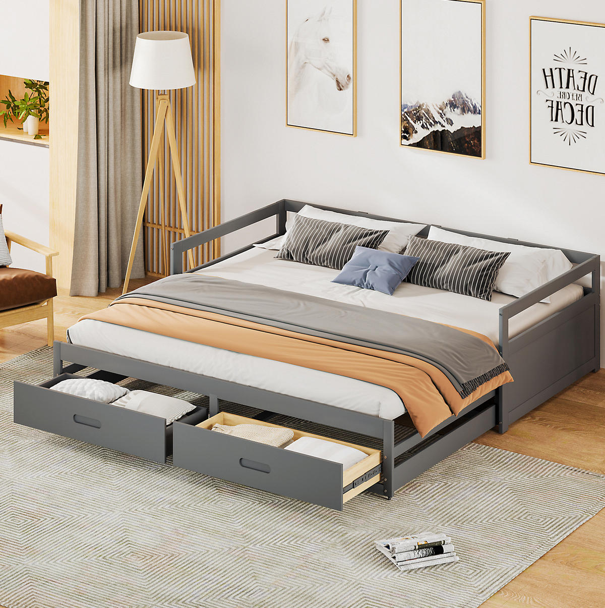 HOLZBETT 90/200 cm ausziehbar mit 2 Schubladen & Lattenrost in Grau - Grau, Holz (90/200cm) - BEAOK