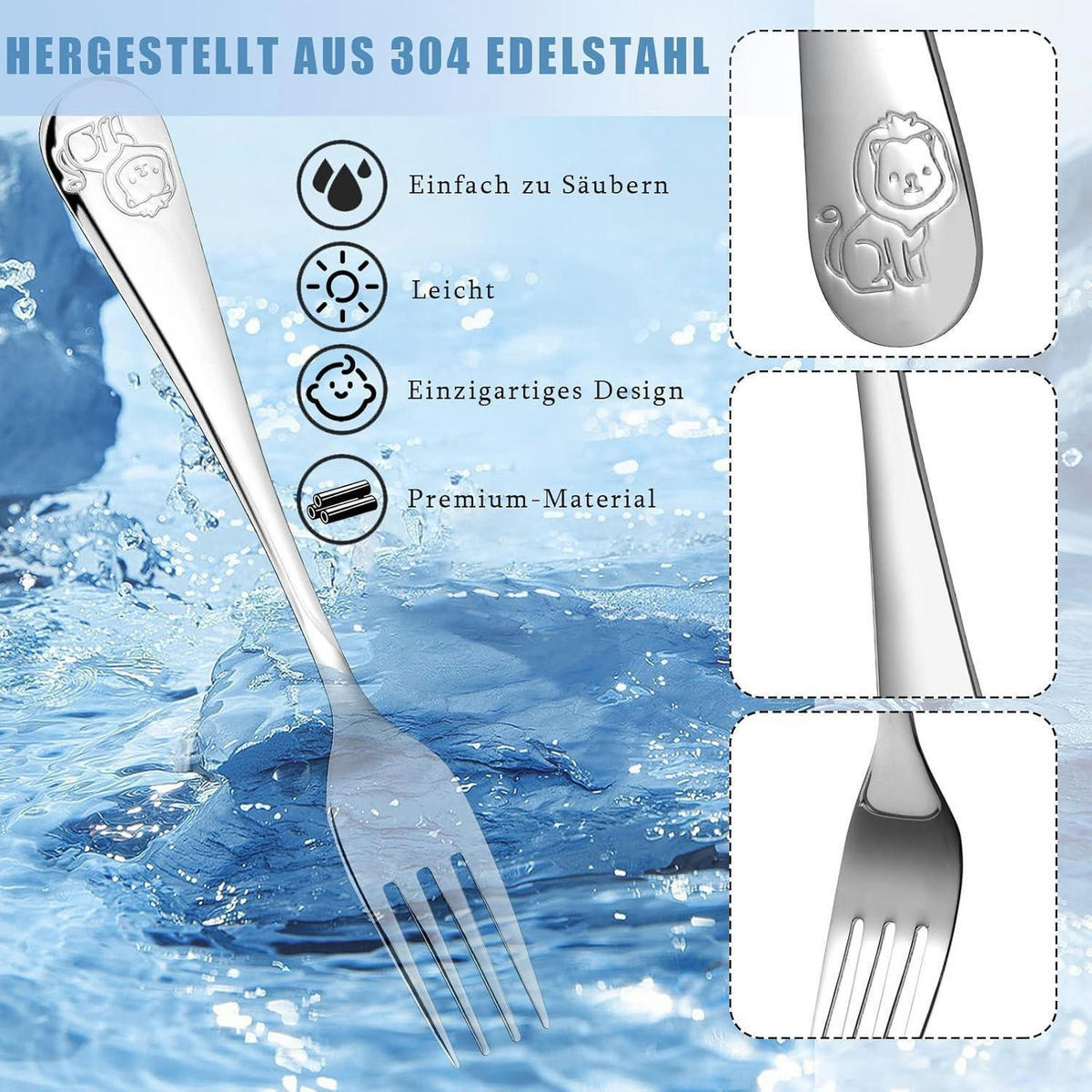 KINDERBESTECK Set 4-teilig Edelstahl Tiere ab 3 Jahre Spülmaschinengeeignet - Silberfarben, Metall