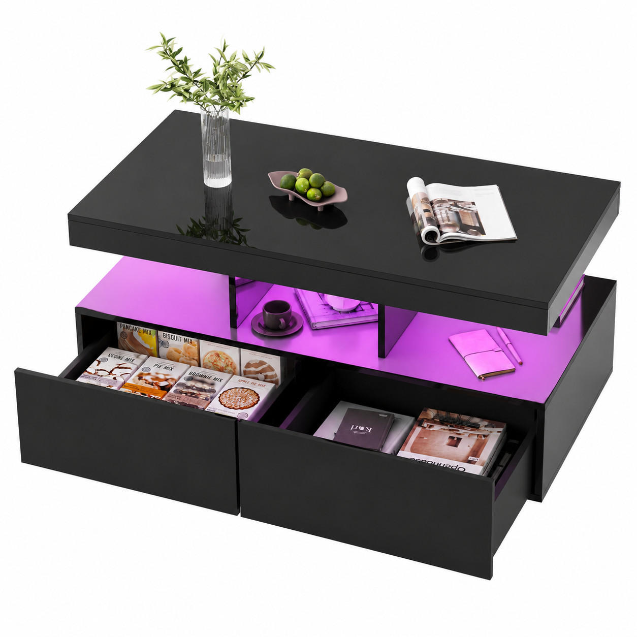 COUCHTISCH mit LED-Beleuchtung und Stauraum, elegantes Design - Schwarz, Holz (104/53/46cm) - Joyfair