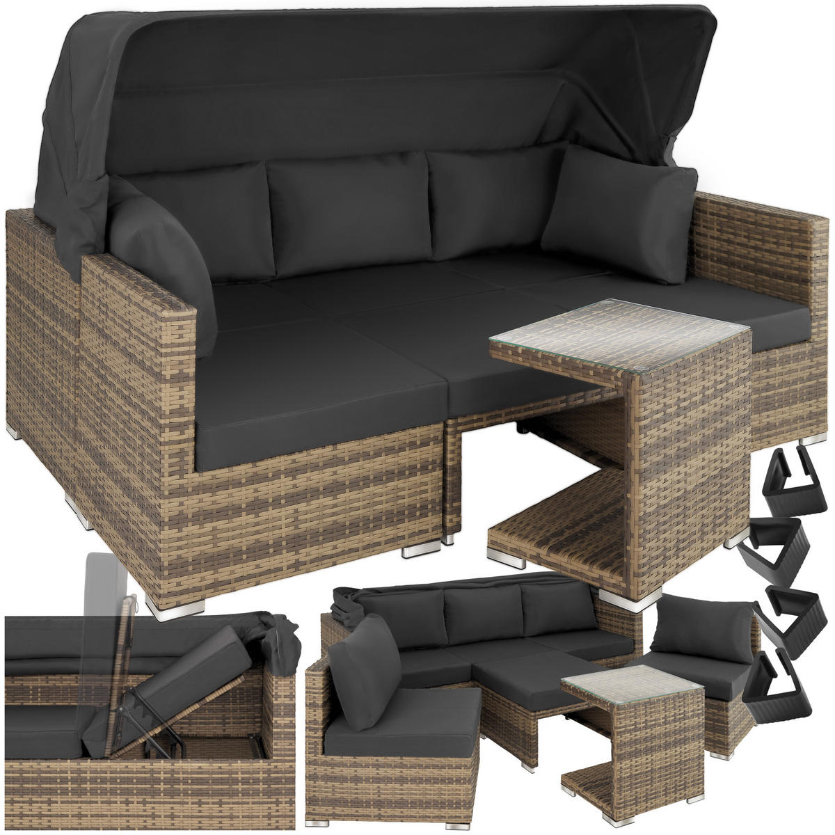 RATTANLOUNGE San Marino,mit Sicherheitsglasplatte, variabel aufstellbar,natur - Naturfarben, Kunststoff (68/131cm) - tectake