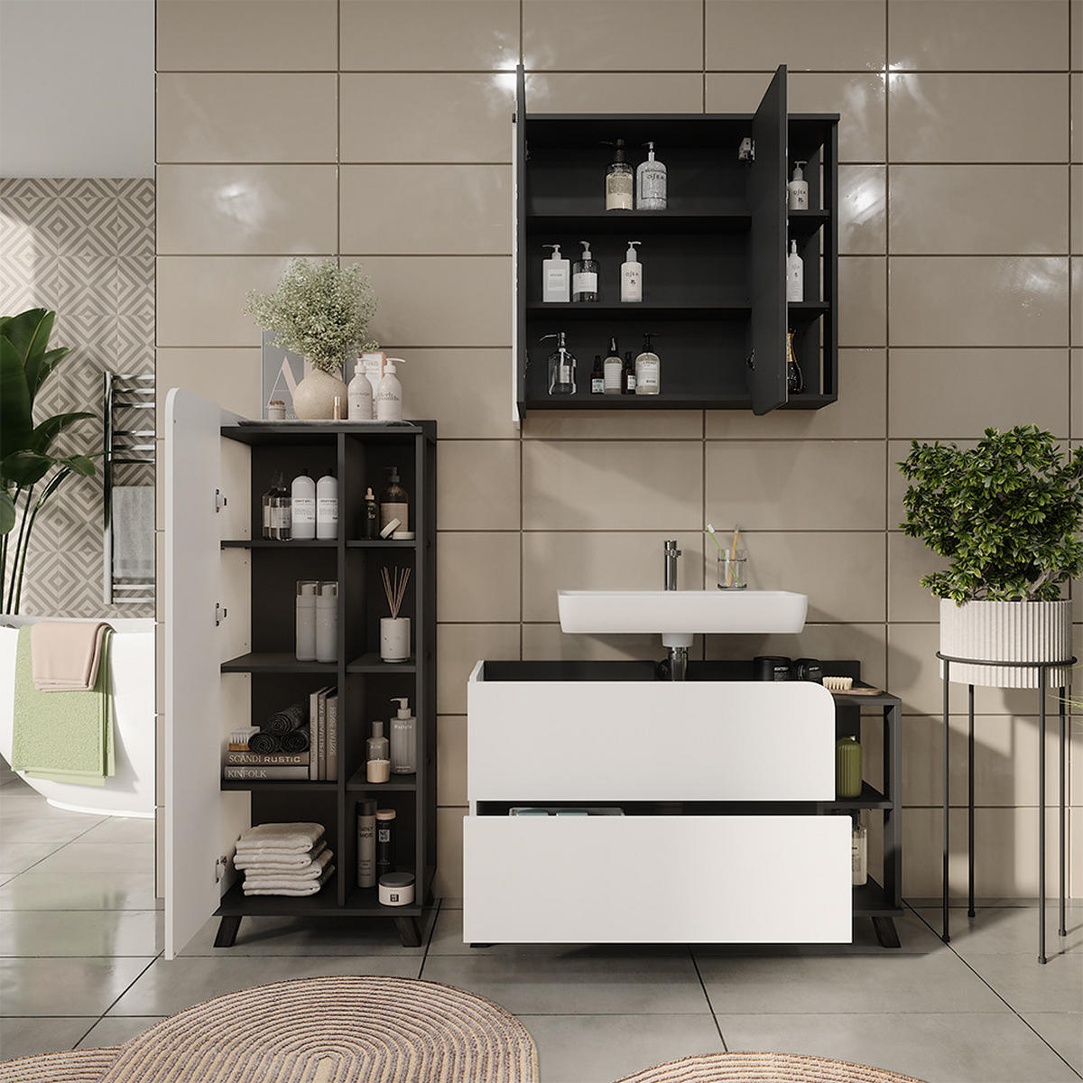 KOUPELNOVÝ NÁBYTEK Karen Antracitová/bílá - bílá/antracitová, kompozitní dřevo (100/65/35cm) - Vicco