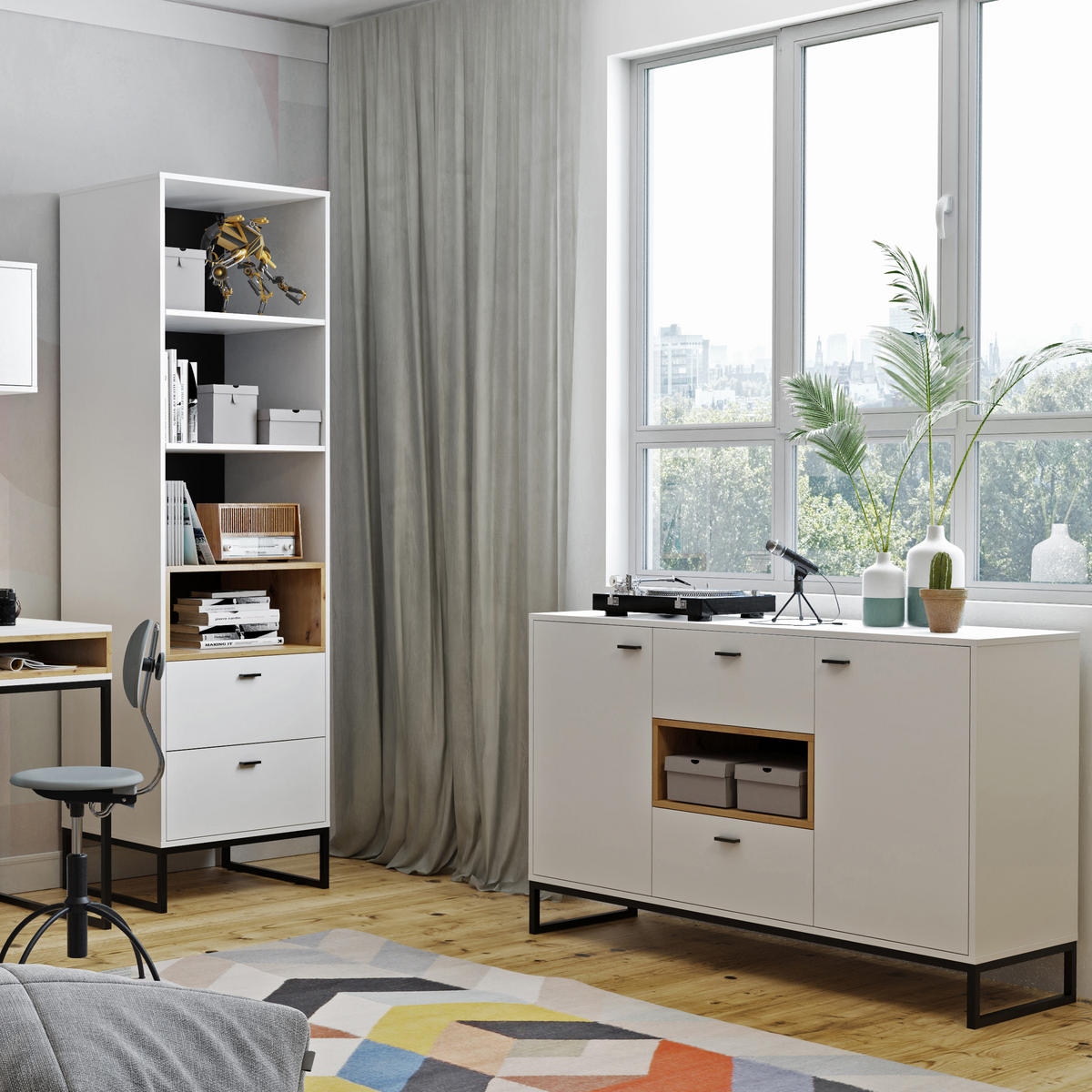 VITRINE OMAN mit 1 Tür, Weiß+eiche Artisan - Schwarz/Weiß, Holzwerkstoff/Metall (90/130/40cm) - Beautysofa