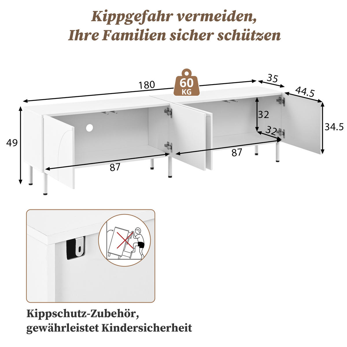 TV-SCHRANK Lowboard 4 Türen geschwungen Metallfüße modern - Weiß, Holzwerkstoff (35/49/180cm) - FLIEKS
