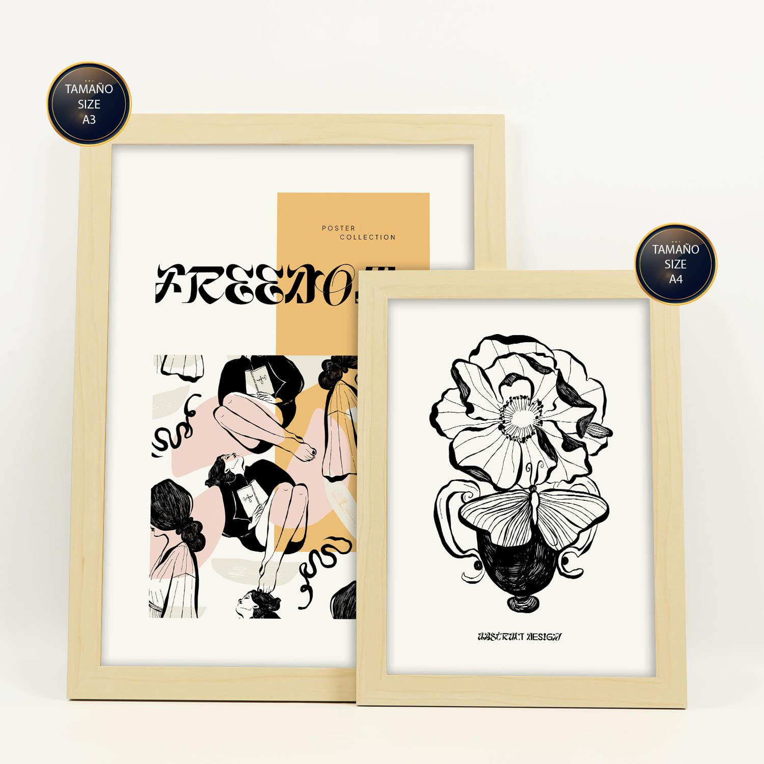 POSTER Set Mit 6 In Schwarzer Tinte Freiheit Kunstdrucke Im Skizzenstil Für Innenarchitektur A3 & A4 Rahmen Aus Hellem Holz - Beige, Papier (29/3cm) - Nacnic