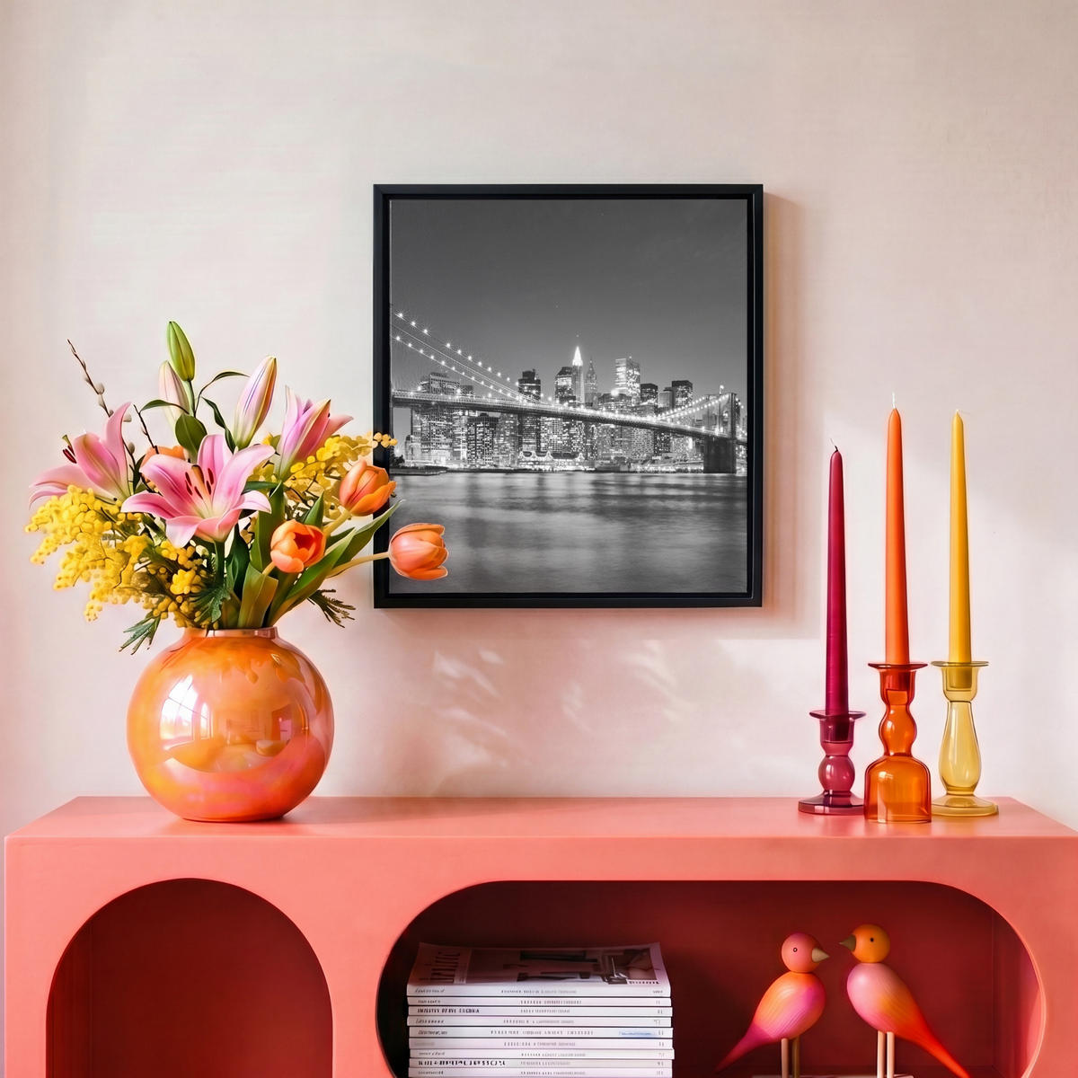 LEINWAND Bilder mit Rahmen - New York - Brücke - Brooklyn - Schwarz und weiß - Architektur - 20x20 - Schwarz, Textil (20/20cm) - MuchoWow