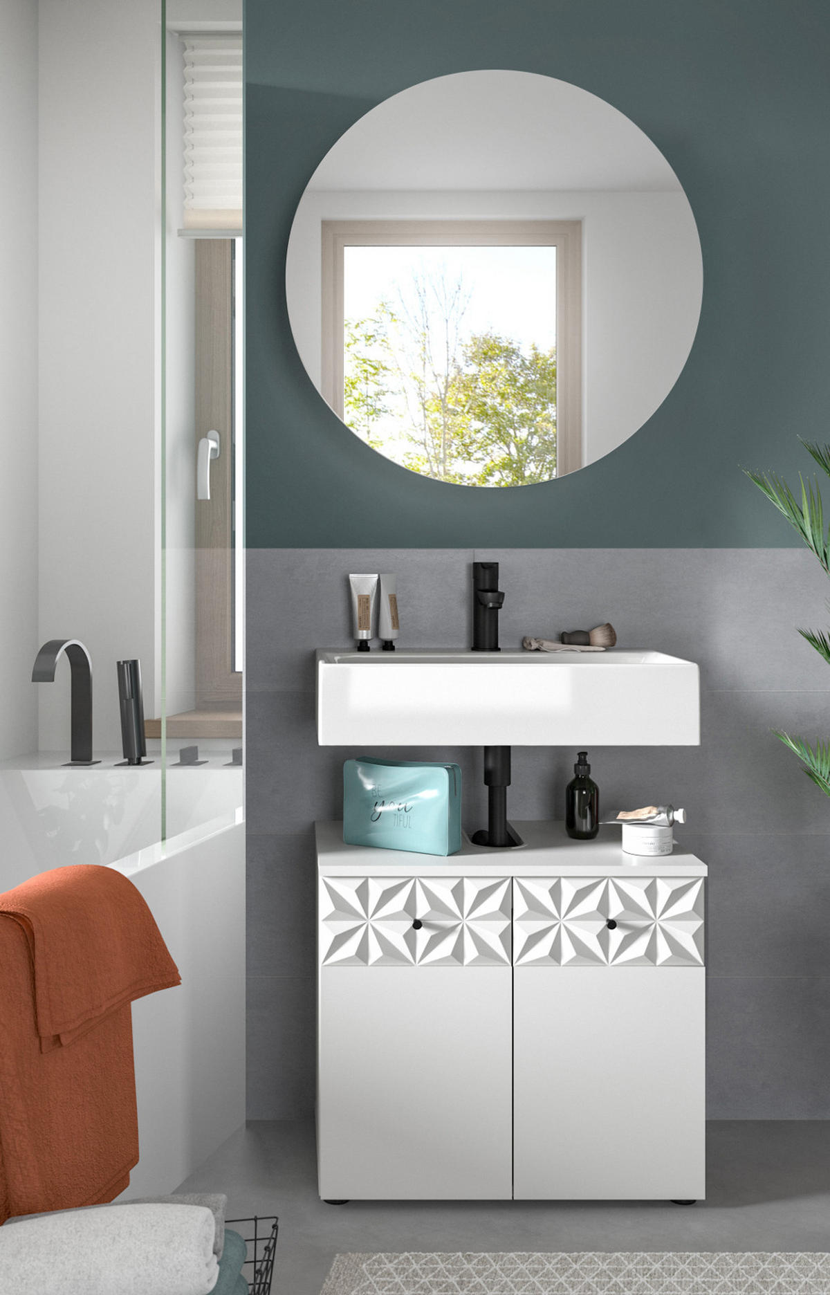 BADMÖBEL-SET weiß Hochglanz 2-teilig 70 cm, Komplettset mit 3D-Struktur - Weiß Hochglanz, Glas/Holzwerkstoff (70/187/37cm) - Inn.Furn