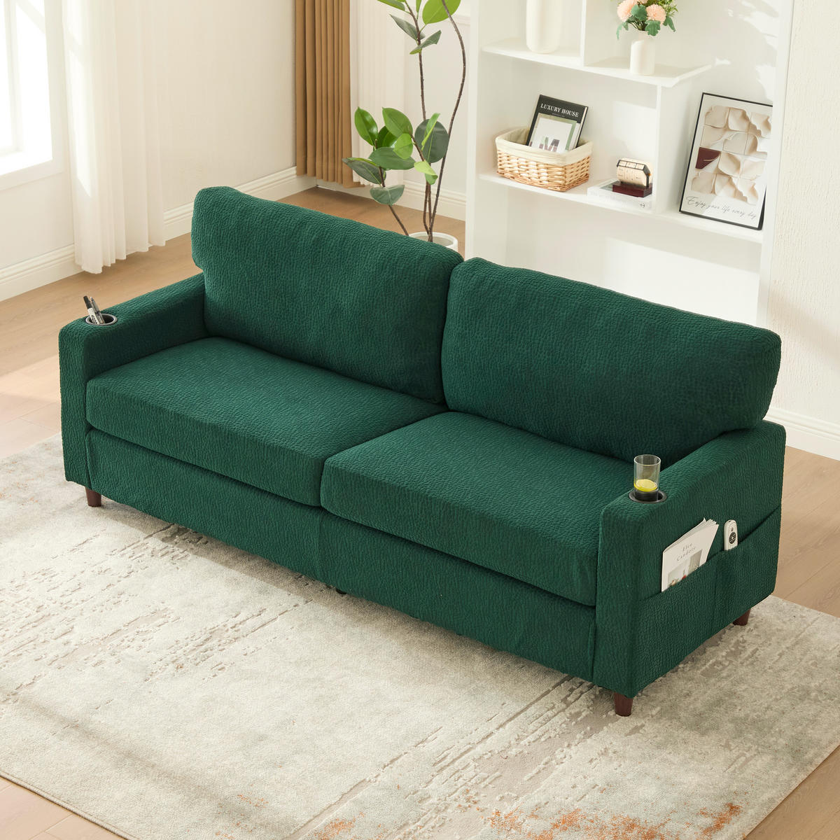 ZWEISITZER Sofa Chenille mit USB-Anschluss LED und Getränkehaltern 203/77,5/86 cm Smaragdgrün - Smaragdgrün, Textil (77.5/86/203cm) - Redom