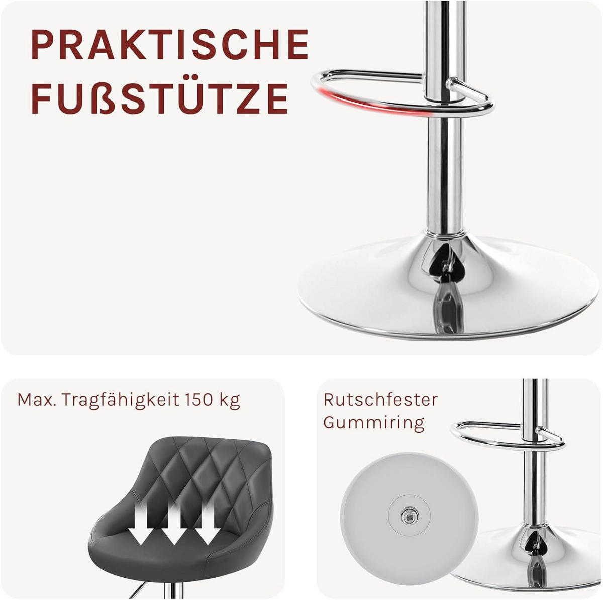 BARHOCKER 2er Set, Kunstleder,Höhenverstellbar, 360° Drehbar - Grau, Metall (47/104/39cm) - Woltu