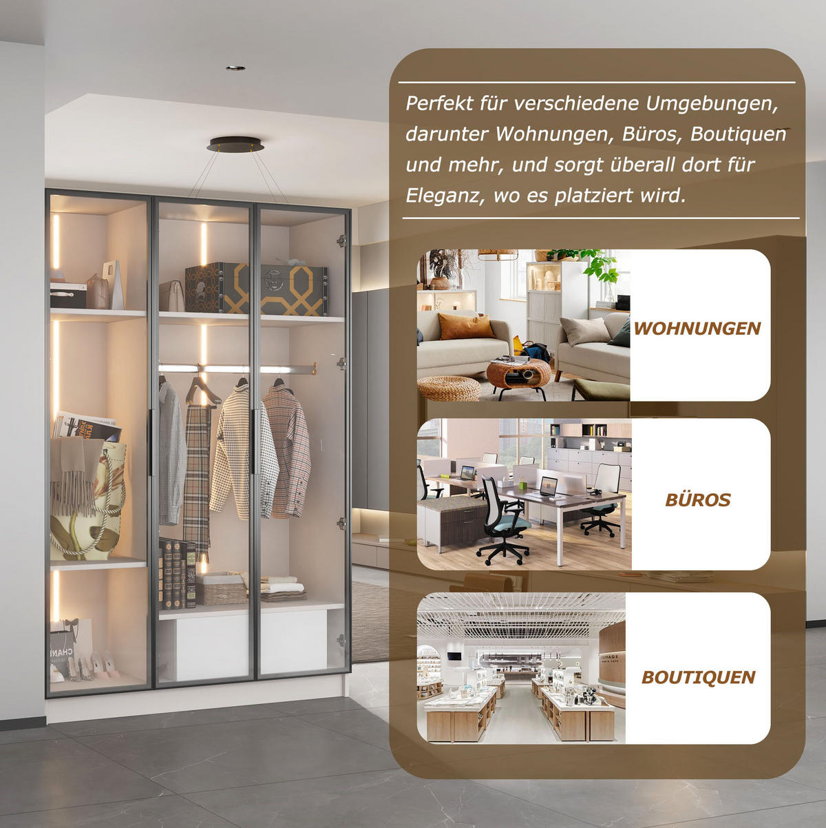 KLEIDERSCHRANK aus Spanplatte mit 3 Glastüren & LED, 110/50/160 cm, Weiß - Weiß, Holzwerkstoff (110/160/50cm) - Redom
