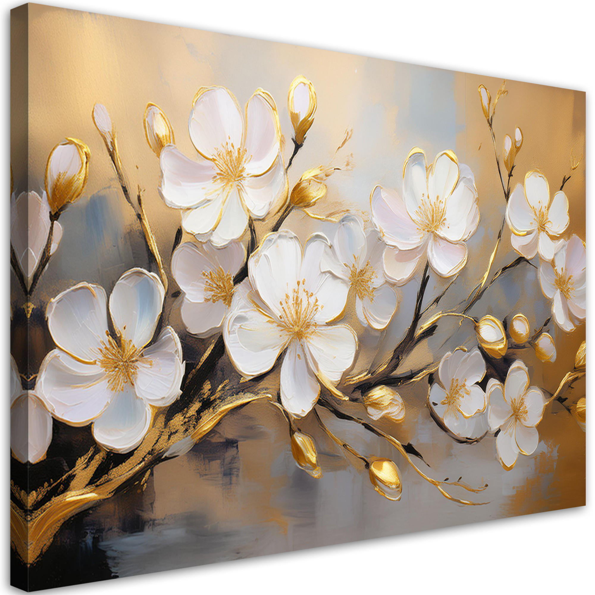 WANDBILD moderne weiße blumenpflanzen zweig - Goldfarben, Textil (60/40cm) - Feeby