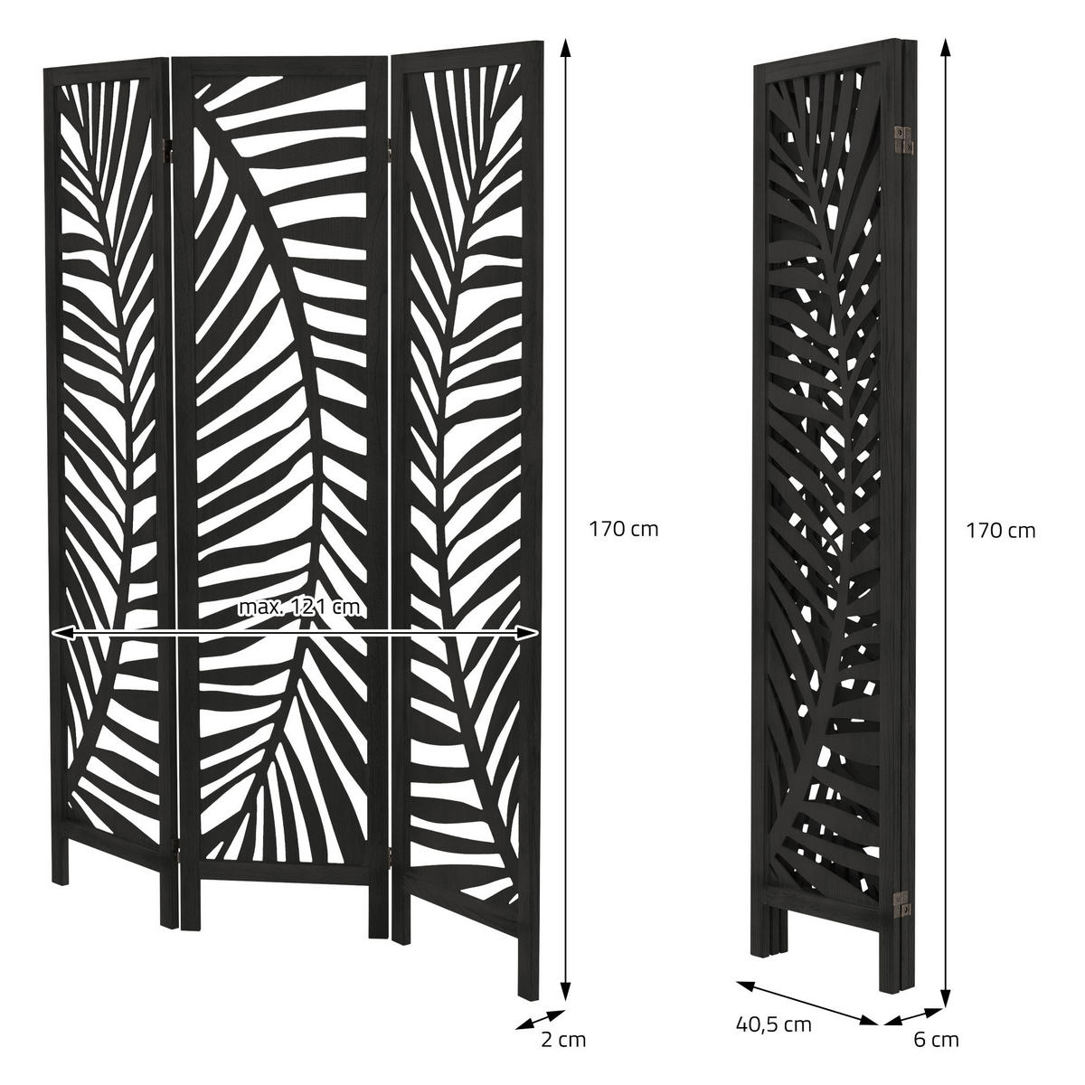 PARAVÁN, 3dílný, Fukuoka, 170 × 121 cm, černý, ze dřeva - černá, dřevo (121/170/2cm) - ML-DESIGN