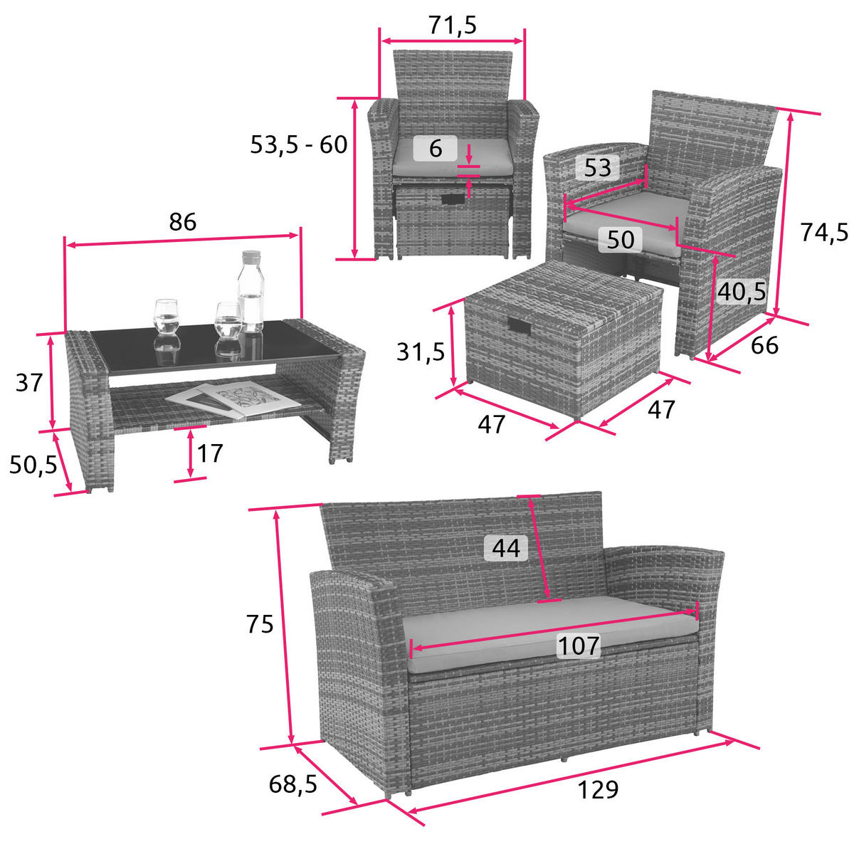 RATTAN SITZGRUPPE Modena,inklusive Staufach und Schutzhülle,schwarz/grau - Schwarz/Grau, Kunststoff - tectake