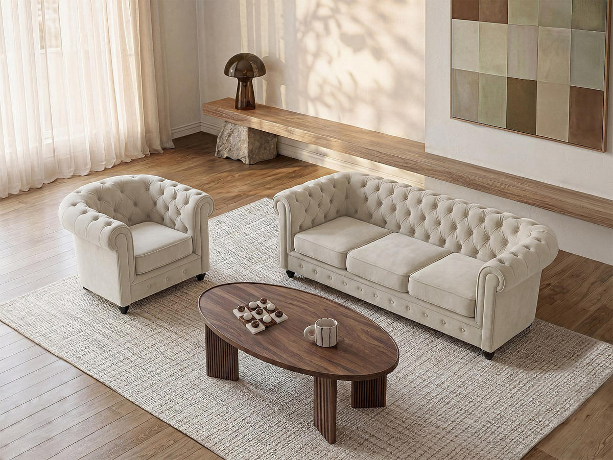 COUCHGARNITUR mit Sessel - 4 Personen - samt - beige Chesterfield - Beige, Textil (82/72/78cm) - Vente-Unique