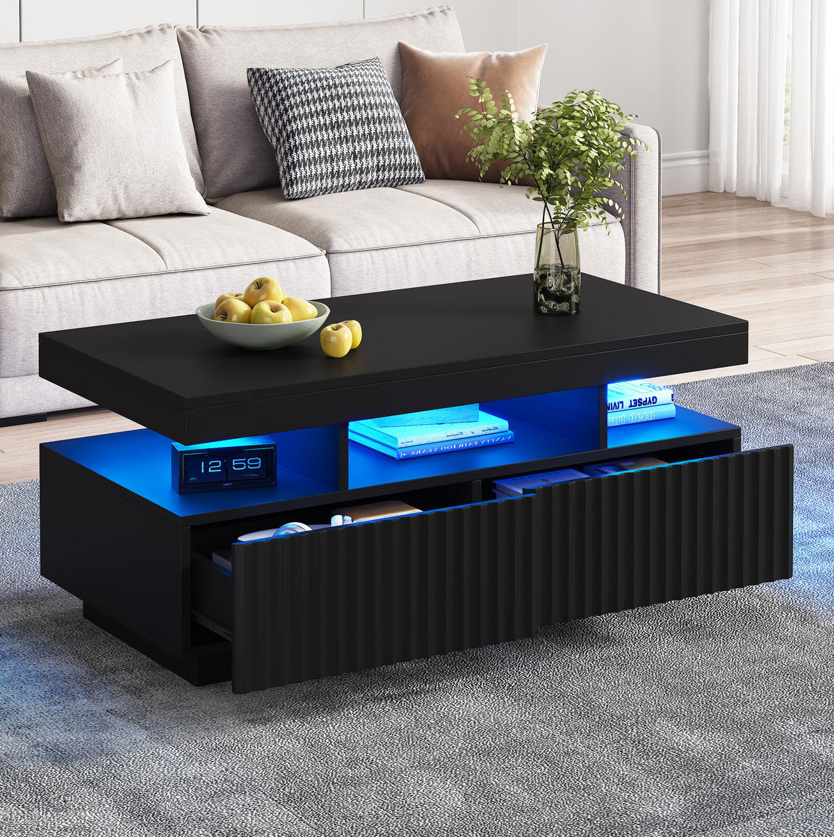 COUCHTISCH 100/50/45 cm mit 2 Schubladen, LED-Beleuchtung und offenem Fach, aus Spanplatte, Schwarz - Schwarz, Holzwerkstoff (100/50/45cm) - Redom
