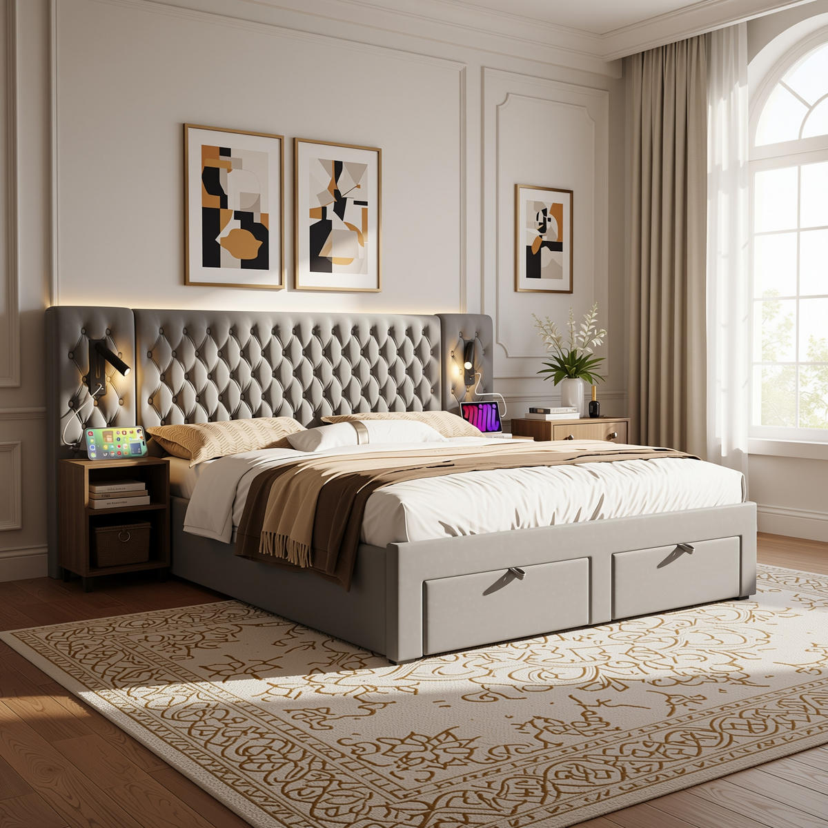 POLSTERBETT 180x200cm Samt Grau mit Stauraum, Leselicht & USB-Funktion - Grau, Textil (180/200cm) - Urban Meuble