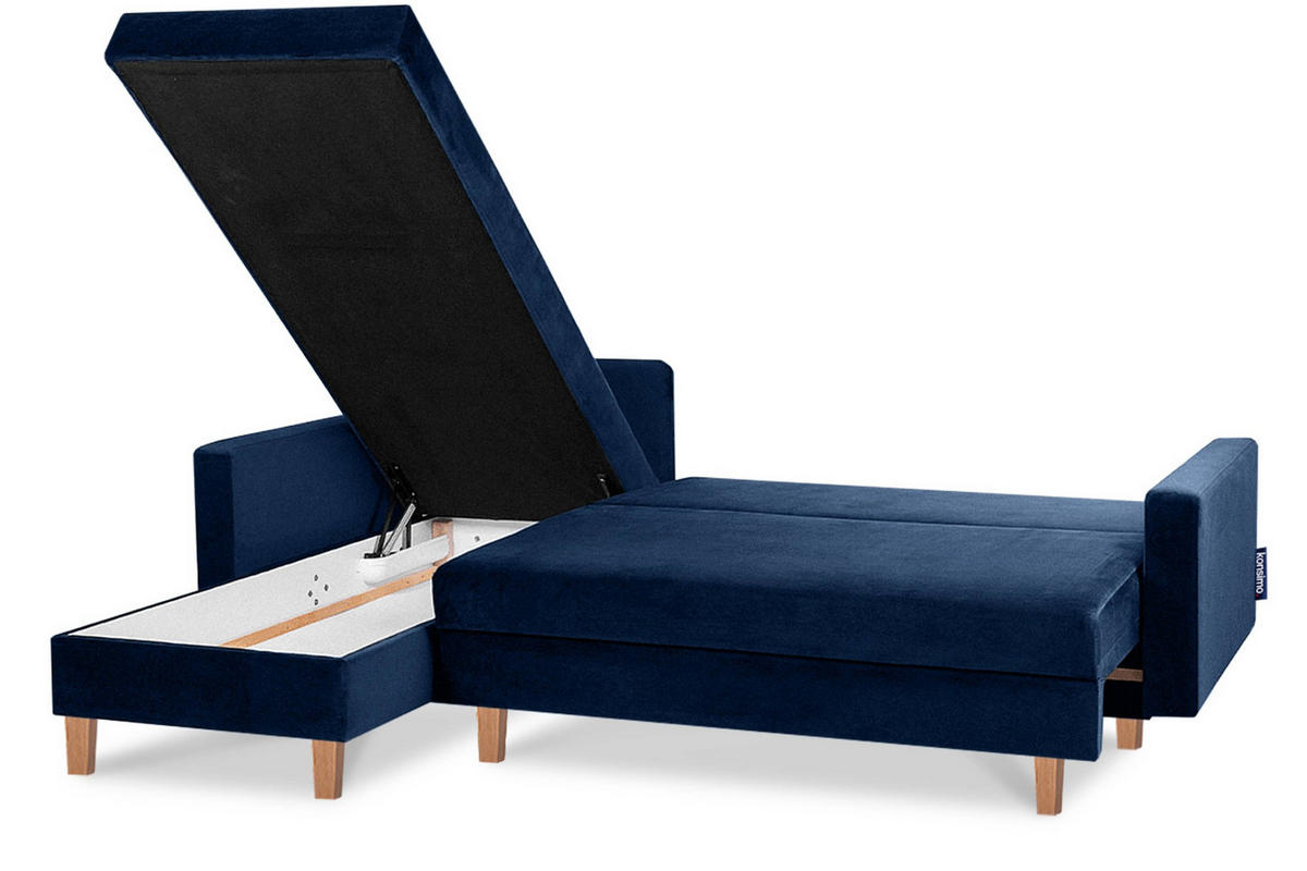 ECKSCHLAFSOFA ERISO 3/4 Sitzer und Universalecke mit Ottoman, Velour-Stoff, marineblau - Blau/Braun, Textil (240/183cm) - KONSIMO®