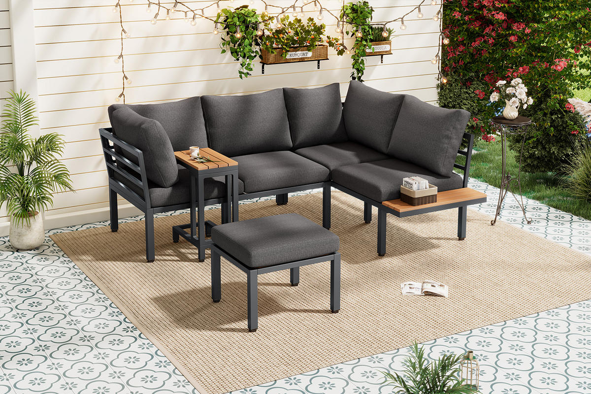 GARTENMÖBEL-SET Grau/Schwarz mit Beistelltisch & Hocker - Grau, Metall - PANGIVO