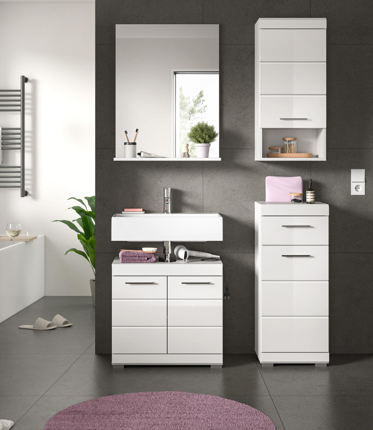 HÄNGESCHRANK weiß Hochglanz 37 x 79 cm, Badschrank hängend - Weiß Hochglanz/Silberfarben, Holzwerkstoff/Kunststoff (37/79/24cm) - Inn.Furn