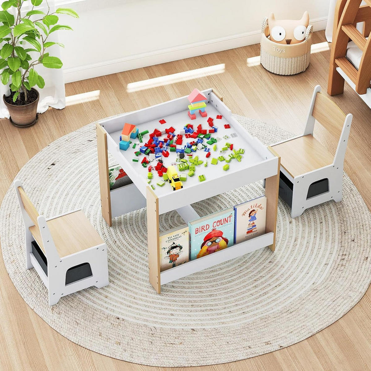 KINDERTISCH mit Stuhl natur(3-tlg) - Naturfarben, Holzwerkstoff (62/56.5/62cm) - COSTWAY