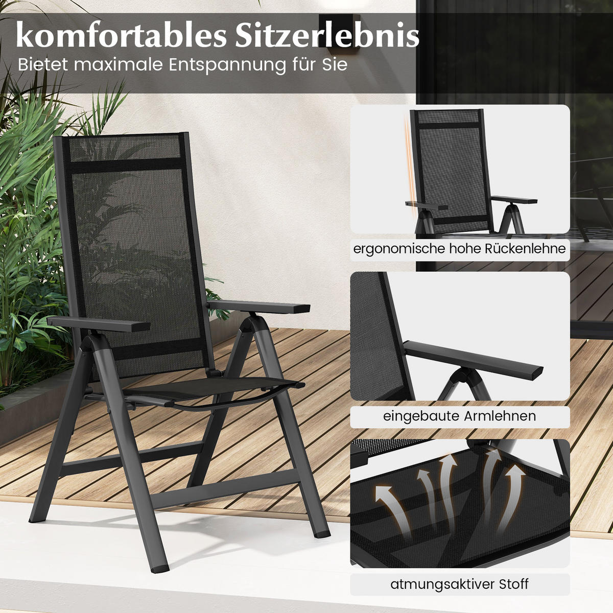GARTENSTUHL Schwarz - Schwarz, Metall (58/112/70cm) - COSTWAY