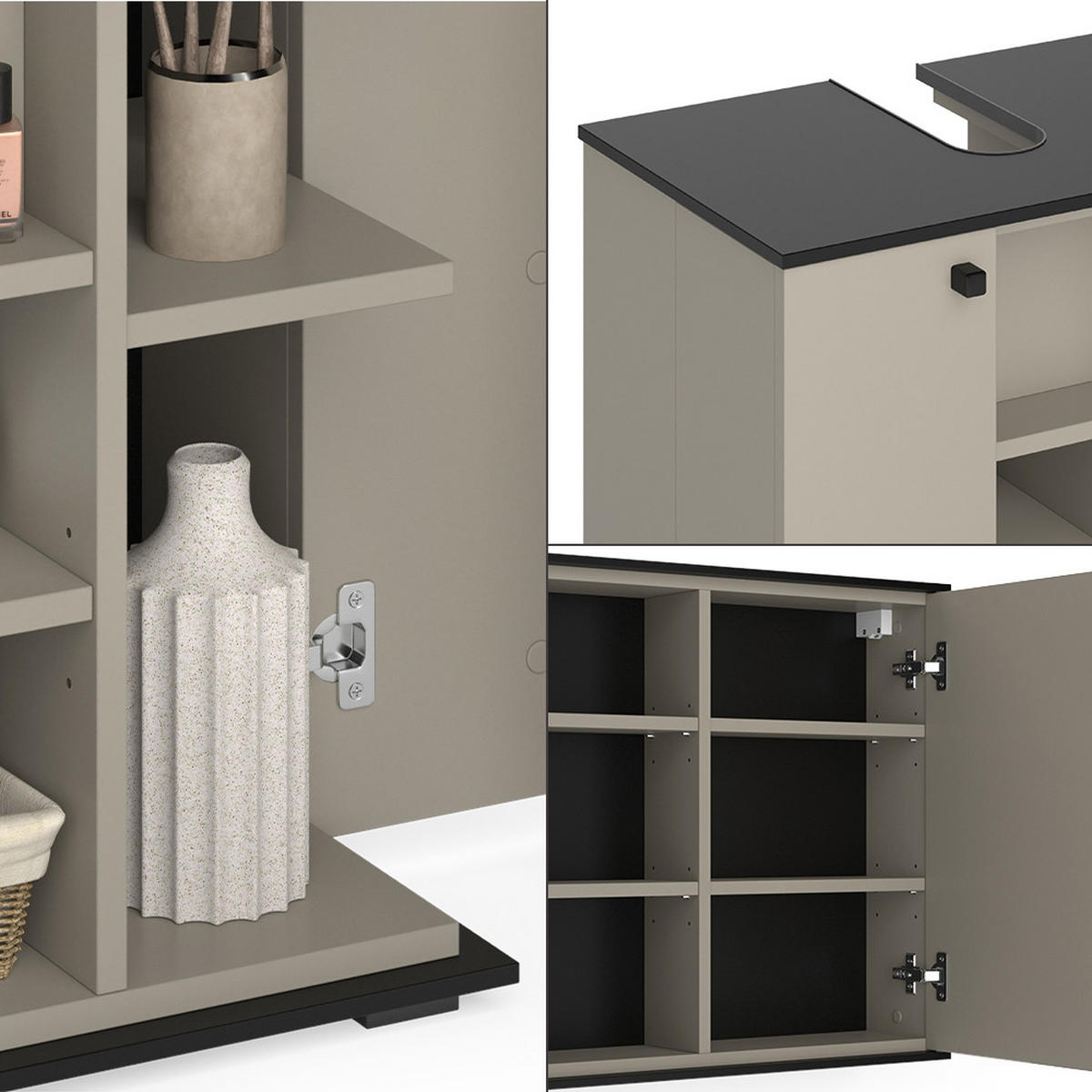 BADMÖBEL-SET Joli Greige 2 Teile - Greige/Schwarz, Holzwerkstoff (60/59/37cm) - Vicco