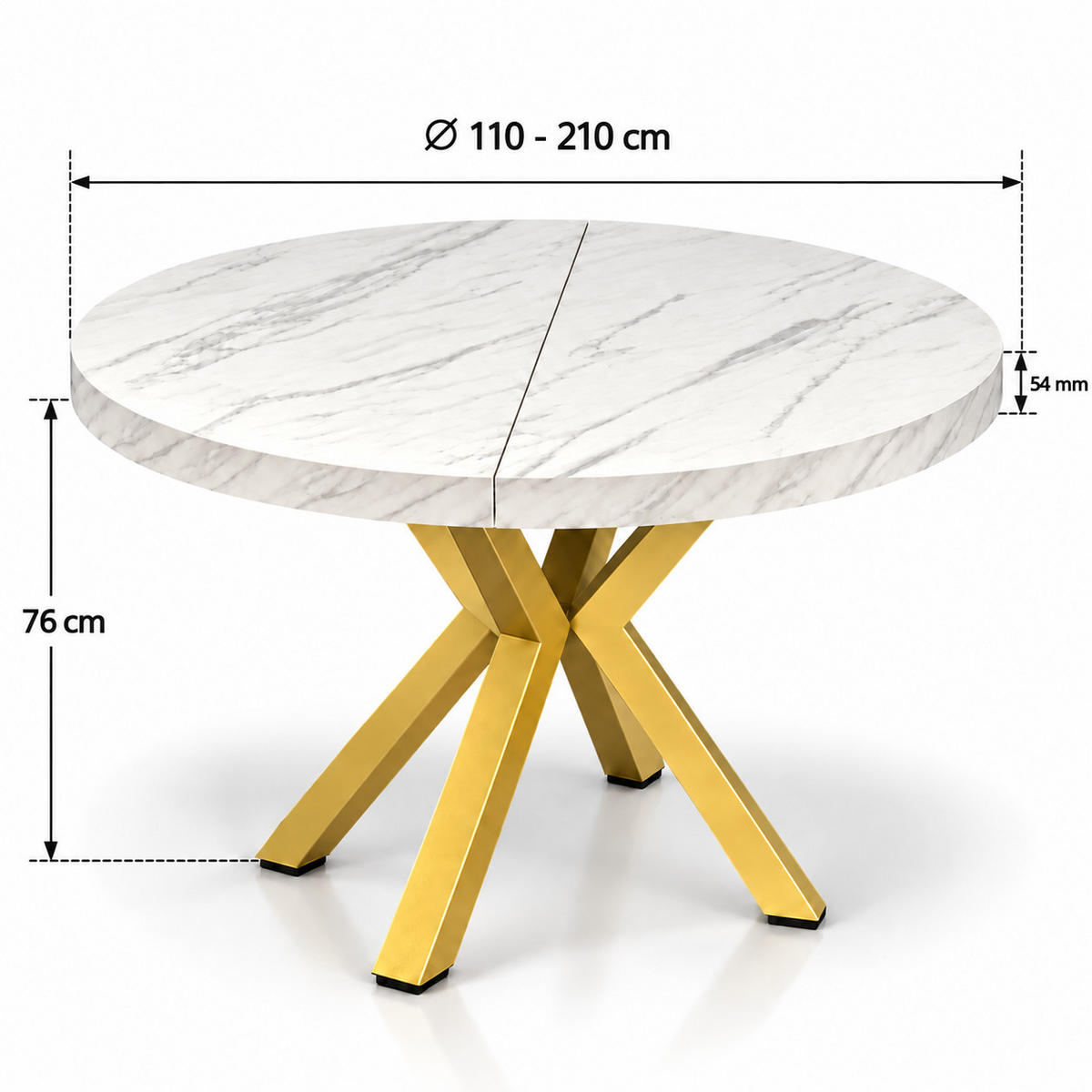 ESSTISCH rund ausziehbar 110/210/76 cm, Marmor, 54 cm Tischplatte + X Metallbeine Gold - Goldfarben/Hellgrau, Holzwerkstoff/Metall (110/210/76cm) - Damale Möbel