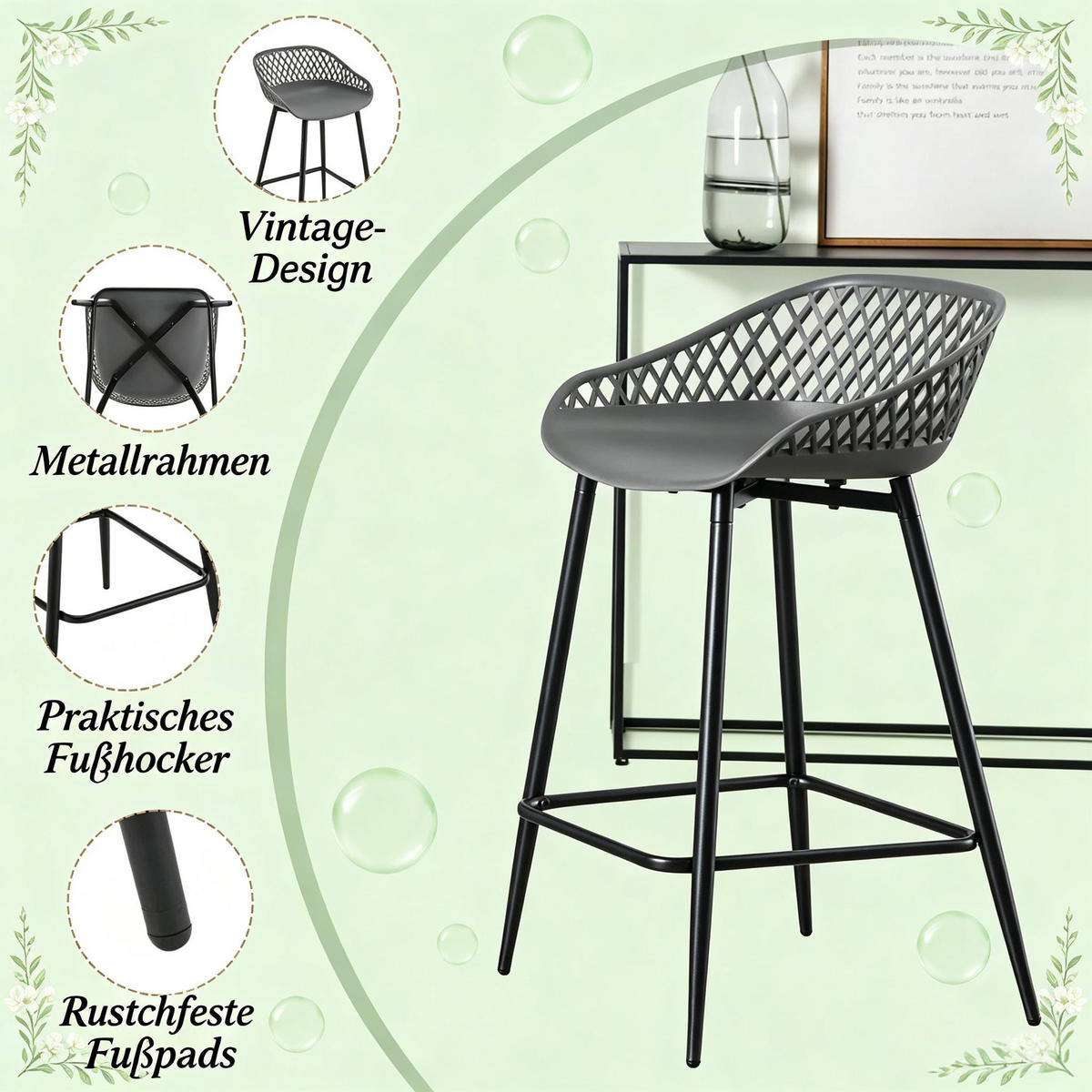 BARHOCKER DE-36183 2er Set mit PP-Sitz Grau - Grau, Metall (47/84.5/48.5cm) - ComfortXL