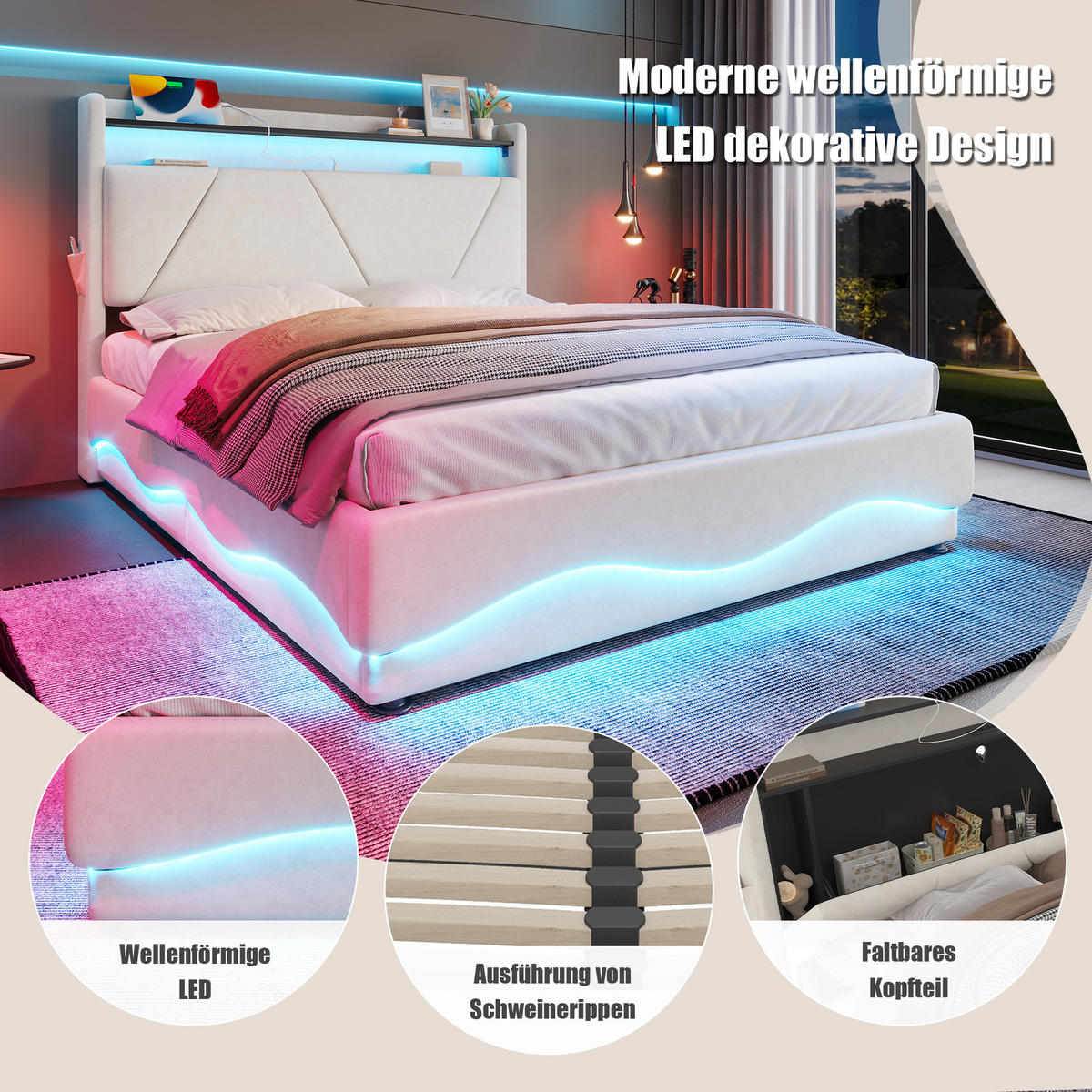 POLSTERBETT 140/200 cm in Beige Samt mit Bettkasten, LED, USB, Type-C und Regal - Beige, Holzwerkstoff/Textil (140/200cm) - WISHDOR