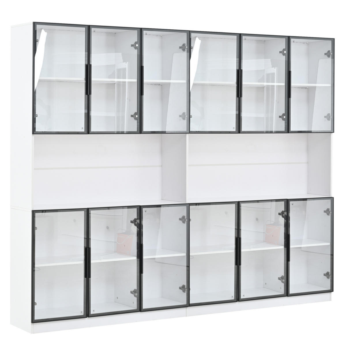 VITRINE 240/34/200 cm in Weiß mit 12 Glastüren und LED-Beleuchtung - Weiß, Holzwerkstoff (240/200/34cm) - Flora Grace