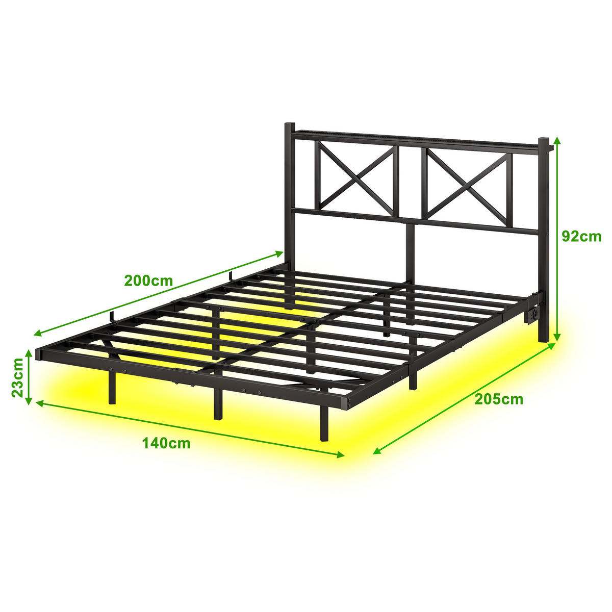 METALLBETT 140/200 cm in Schwarz mit LED, USB und Ablage - Schwarz, Metall (140/200cm) - WISHDOR